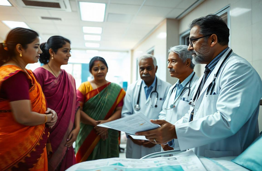 three doctors explaining to three ladies in a hospital about the best health membership program in east godavari